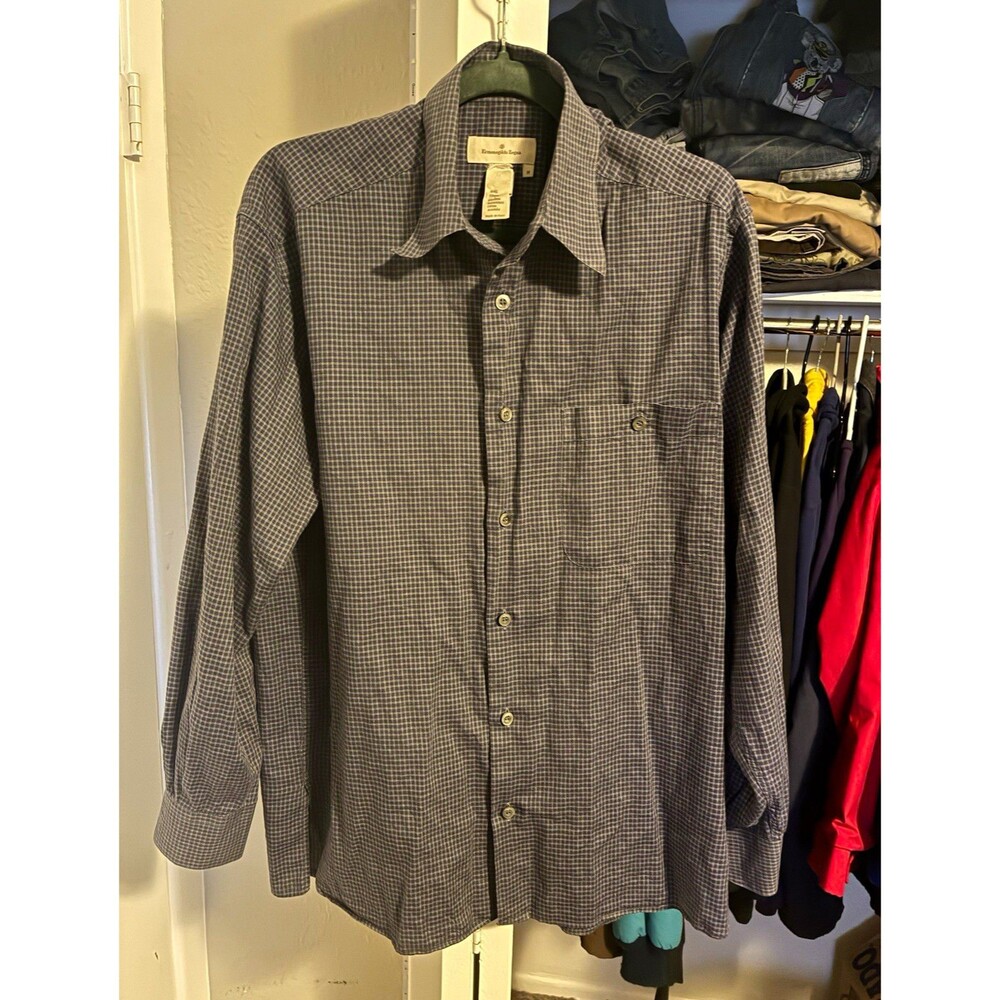 Ermenegildo Zegna Men's M Blue Check Cotton Dress Shirt Long Sleeve Pockets